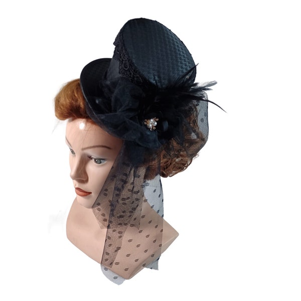 Midi Top Hat, Derby Hat, Goth Headpiece, Fascinator, Hatinator, Burlesque Headdress, Costume Hat, Victorian Dressing Hat, Bridgerton Hat