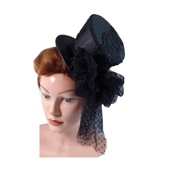 Midi Top Hat, Derby Hat, Goth Headpiece, Fascinator, Hatinator, Burlesque Headdress, Costume Hat, Victorian Dressing Hat, Bridgerton Hat