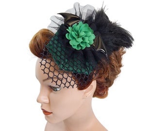 Fascinador gótico, tocado romántico, tocado burlesco, sombrero Derby, minisombrero cosplay, sombrero de mujer victoriano, clip de pelo gótico, cazador verde