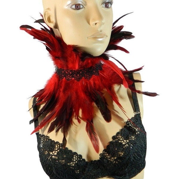 red feather collar bib Scarfette Gothic Steampunk Fantasy crow costume tribal fusion dancing showgirl cabaret