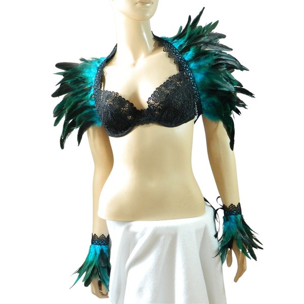 Set Feder stola und Manschetten, Fantasy Schmuck, Pfau Flügel, Burlesque Feder Armbänder, König Fisher Kostüm, Samba tanzend, Tribal Fusion