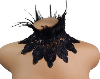 Feather Collar, Feather necklace, Goth Collar, Gothic Choker, Burlesque Choker, Costume bib, Halloween Costume