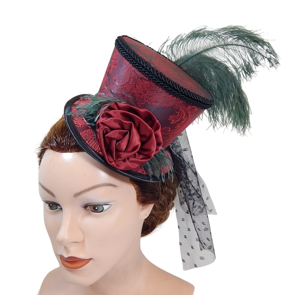 Red Midi Tophat, Tafetta Hat, Derby Hat, Burlesque Headpiece, Victorian Dressing Hat, Costume Hat, Cosplay Headdress, Fascinator, Minihat
