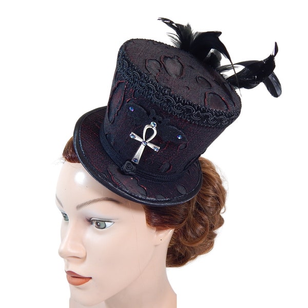 Midi Tophat, Ankh Cross, Derby Hat, Burlesque Headpiece, Victorian Dressing Hat, Costume Hat, Cosplay Headdress, Fascinator, Minihat
