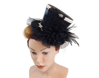 Chapeau haut de forme midi noir RESERVIERT FÜR CONNY, chapeau en satin, chapeau derby, casque burlesque, chapeau de chambre victorien, chapeau de costume, coiffure cosplay