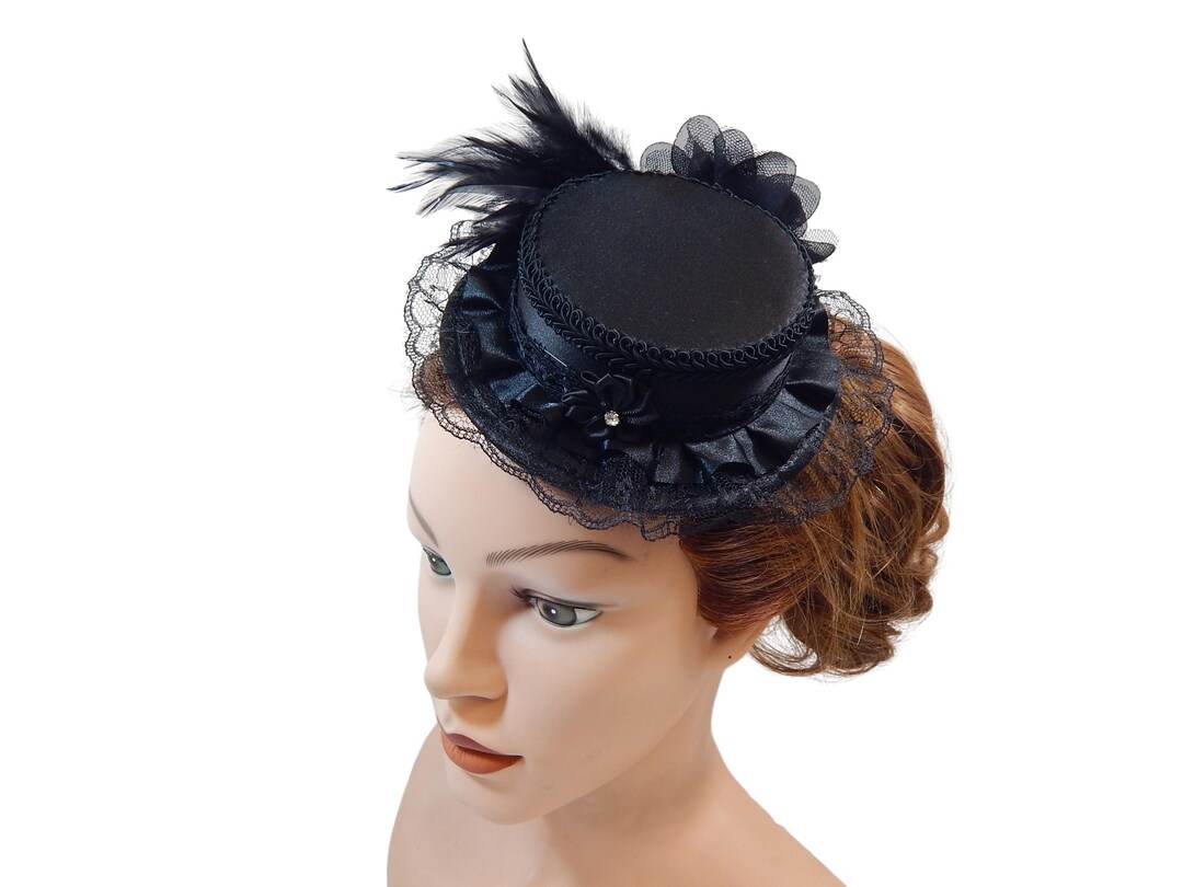 Black Satin Mini Hat: Goth Burlesque Fascinator With Ruffles - Etsy