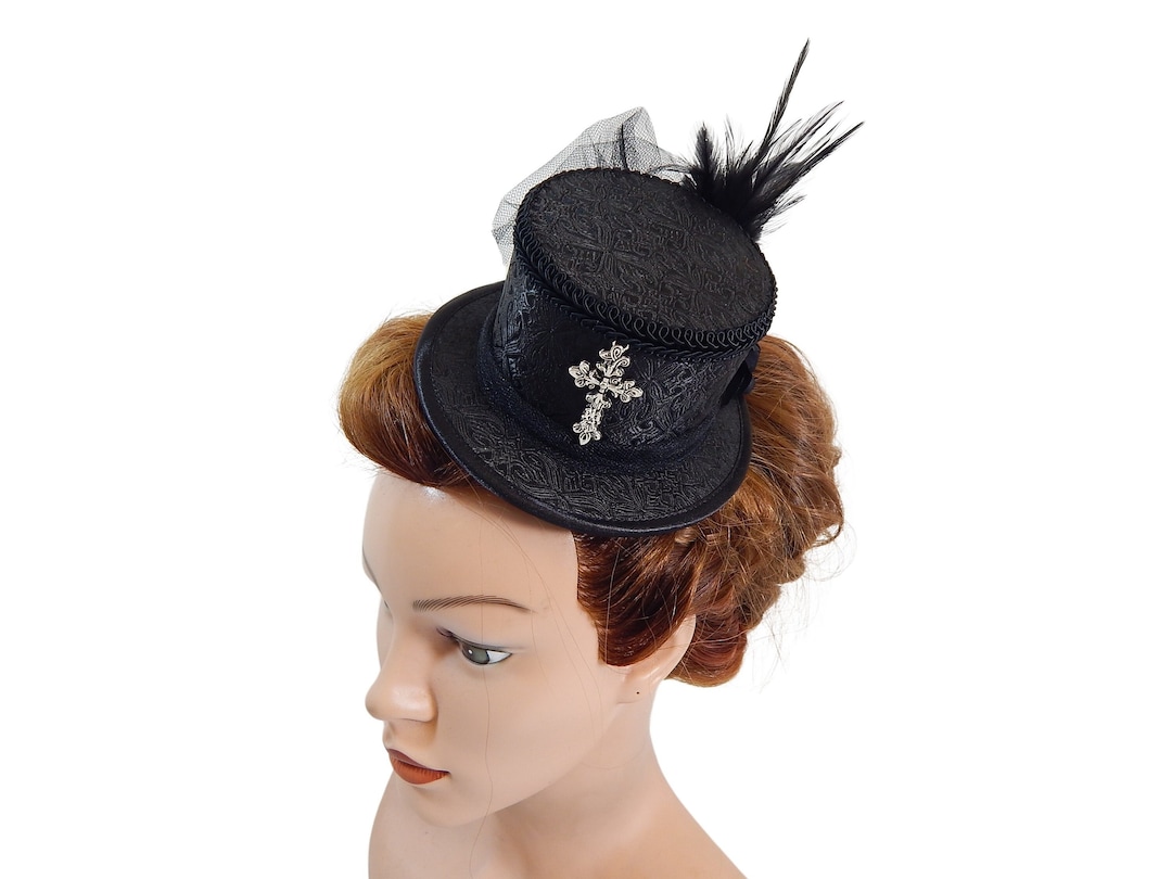 Mini Tophat Black with Black Ribbon and Feather Adult Costume Accessory