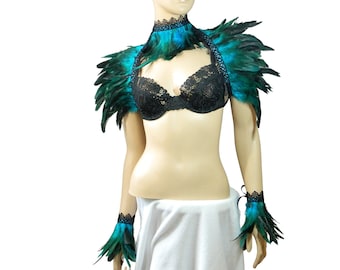 Petrol Feder Stola Set: Fantasy Kragen & Manschetten, Burlesque Kostüm