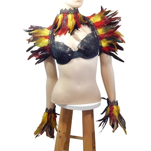 Phoenix Costume, Set Stole and Cuffs and Choker, red orange Flames Outfit, Wrap, Shrug, Bolero, Cosplay Wings, Drag Queen, Epaulettes