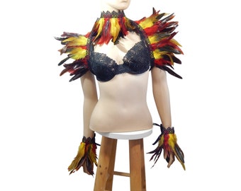 Phoenix Costume, Set Stole and Cuffs and Choker, red orange Flames Outfit, Wrap, Shrug, Bolero, Cosplay Wings, Drag Queen, Epaulettes