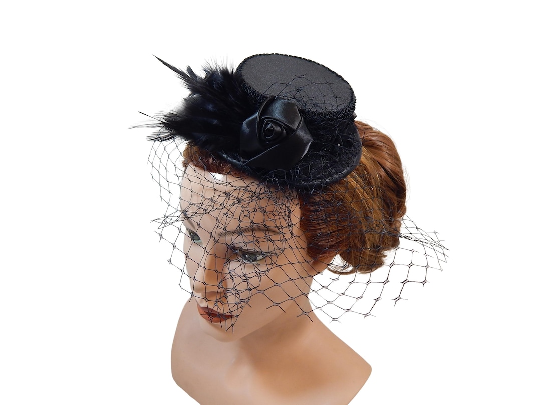 Black Mini Hat: Goth Burlesque Fascinator With Netting - Etsy