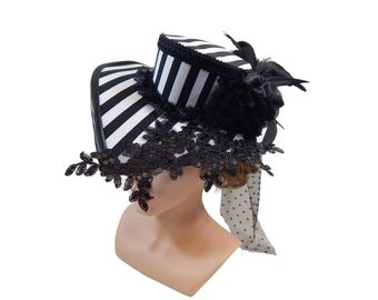 Sombrero de copa midi a rayas blancas y negras: tocado gótico steampunk con velo.