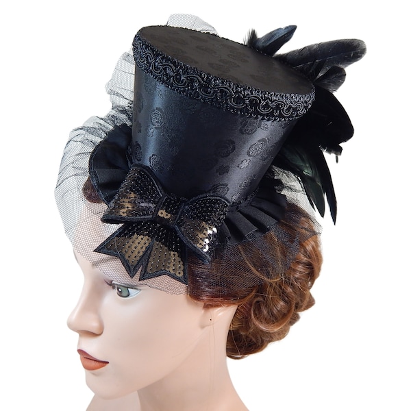 black Midi Tophat, Tafetta Hat, Derby Hat, Burlesque Headpiece, Victorian Dressing Hat, Costume Hat, Cosplay Headdress, Fascinator, Minihat