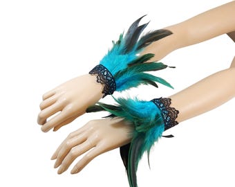 Turquoise Feather Bracelets: Burlesque Costume Wrist Cuffs (Set of 2)
