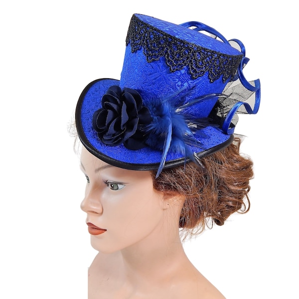 Blue Midi Tophat, Victorian Dressing Hat, Costume Headpiece, Cosplay Headdress, Derby Hat, Fascinator, Hatinator, Goth, Midihat, Percher Hat