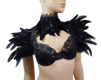 Set Feather Stole and collar, Feather Wrap Shrug Bolero, Boa Travesty Drag Queen, Gothic Festival, Crow Costume, Bird Dress, Feather Cape