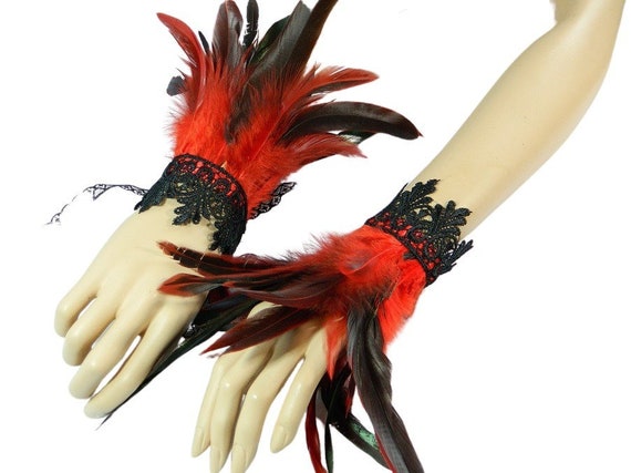 Red feather cuffs bracelets hand jewellery Gothic Steampunk | Etsy