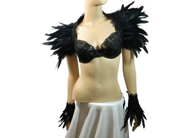 Set Feather Stole and cuffs, crow costume, black swan, Shrug, Shoulder Wrap, Bolero, Burlesque, Goth Accessory, Raven, Carnival