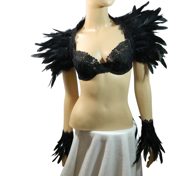 Set Feather Stole and cuffs, crow costume, black swan, Shrug, Shoulder Wrap, Bolero, Burlesque, Goth Accessory, Raven, Carnival