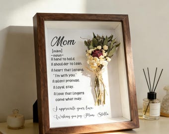 Personligt mammatryck, skugglåda, minibukett med torkade blommor, mors dag-present till mamma