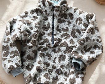 Kids' Teddy Bear Sweater Leo | Cozy Fleece Sweater | Handmade Children's Clothing | Warm Leopard Print Sweater | Gift for Girls & Boys