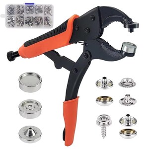 May include: A black and orange snap fastener tool with various metal snaps and a clear plastic storage box. The tool has an orange handle and is designed for applying snaps to fabric or other materials. The kit includes different snap sizes.