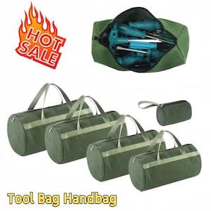 May include: Green canvas tool bags with light green accents and handles. One bag is open, revealing tools inside. The image also includes a small matching bag and a "HOT SALE" graphic. The text "Tool Bag Handbag" is at the bottom.