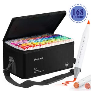 May include: A black carrying case filled with 168 colorful art markers. The case is open, revealing the markers arranged in rows. A single marker is shown separately, along with the text "168 Colour". The case has a shoulder strap.
