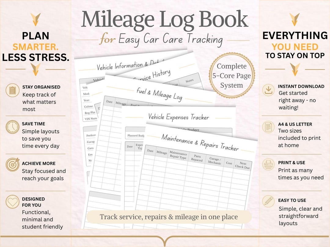 Mileage Log Book Printable | Vehicle Mileage Tracker, Fuel Log, Travel ...