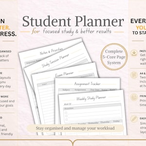 May include: Student planner with a 5-core page system. Includes sections for notes, study sessions, exams, assignments, and weekly planning. Text reads "Plan Smarter. Less Stress." and "Stay organised and manage your workload."