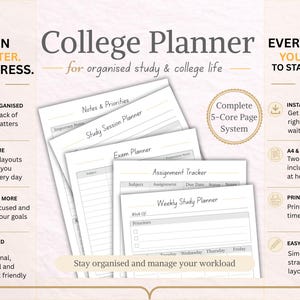 May include: A college planner for organised study and college life, featuring a 5-core page system. Includes sections for notes, study sessions, exams, assignments, and weekly planning. Available in A4 and US Letter sizes for printing.