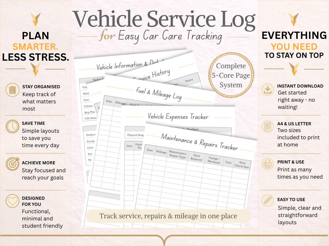 Vehicle Service Log Printable | Car Service Record, Maintenance Tracker ...