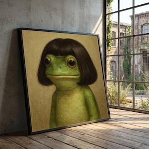 May include: A framed art print featuring a whimsical illustration of a green frog with large eyes and a brown bob haircut. The frog is depicted in a realistic style, set against a neutral background. The artwork is displayed in a black frame.