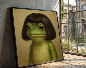 Bob Haircut Frog Portrait Canvas, Whimsical Animal Wall Art print