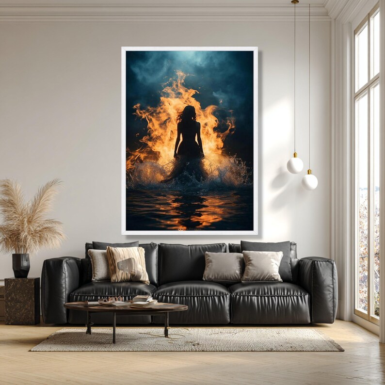 Fiery Woman Canvas Print, Silhouette in Water, Dramatic Wall Art image 5