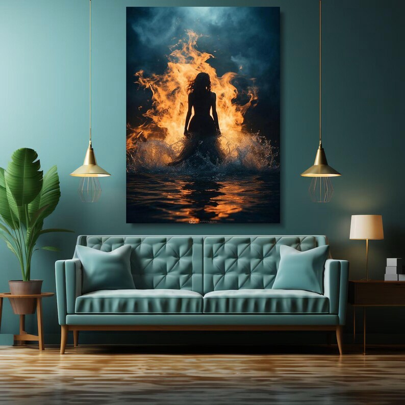 Fiery Woman Canvas Print, Silhouette in Water, Dramatic Wall Art image 4
