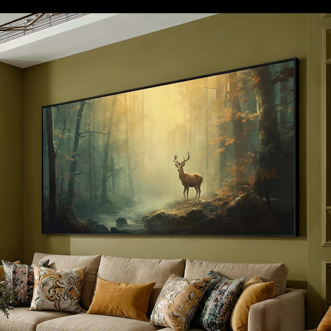 Majestic Deer Misty Forest Sunrise Canvas Wall Art, Tranquil Woodland ...