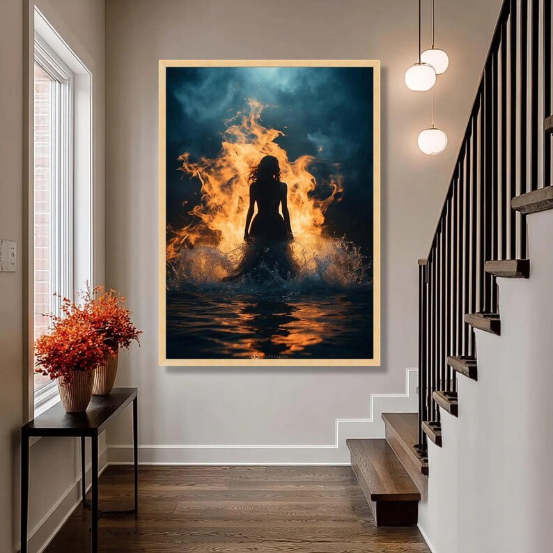 Fiery Woman Canvas Print, Silhouette in Water, Dramatic Wall Art image 7