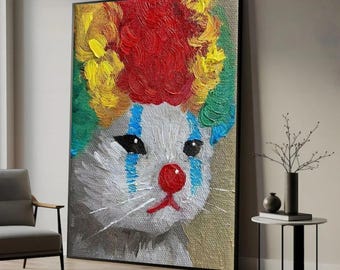 Clown Cat Canvas Art, Whimsical Pet Portrait, Quirky Home Decor