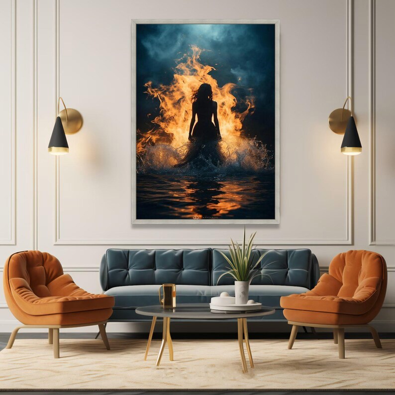Fiery Woman Canvas Print, Silhouette in Water, Dramatic Wall Art image 6