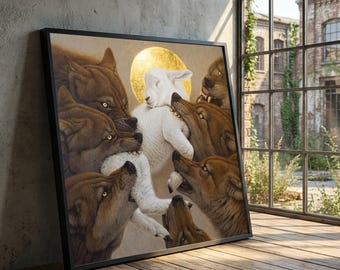 Lamb and Wolves Canvas Art, Spiritual Golden Halo, Ready to Hang