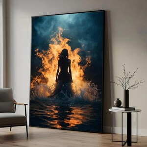 Fiery Woman Canvas Print, Silhouette in Water, Dramatic Wall Art image 1