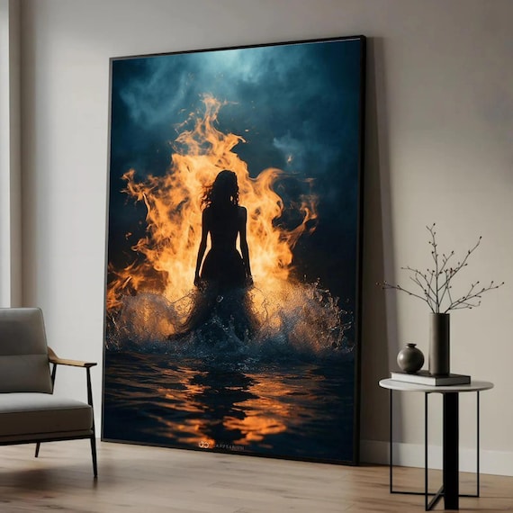 Fiery Woman Canvas Print, Silhouette in Water, Dramatic Wall Art