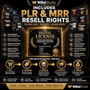 May include: A black and gold digital marketing graphic featuring the text INCLUDES PLR & MRR RESELL RIGHTS and DIGITAL LICENSE. The image displays icons and text detailing business benefits, including 100% ownership, rebranding, and profit maximization strategies.