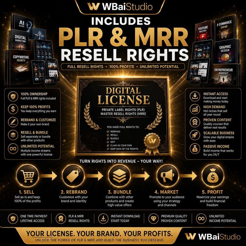 May include: A black and gold digital marketing graphic featuring the text INCLUDES PLR & MRR RESELL RIGHTS and DIGITAL LICENSE. The image displays icons and text detailing business benefits, including 100% ownership, rebranding, and profit maximization strategies.