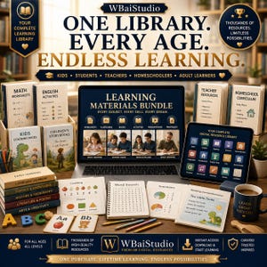 K&ouml;nnte beinhalten: Ein digitales Lernmaterial-Paket von WBaiStudio mit Laptop, Tablet und verschiedenen Lehrb&uuml;chern, Arbeitsbl&auml;ttern und Lernkarten. Das Display zeigt Lernkategorien, w&auml;hrend physische Gegenst&auml;nde Mathe- und Lesehilfen umfassen.