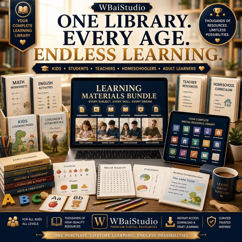 K&ouml;nnte beinhalten: Ein digitales Lernmaterial-Paket von WBaiStudio mit Laptop, Tablet und verschiedenen Lehrb&uuml;chern, Arbeitsbl&auml;ttern und Lernkarten. Das Display zeigt Lernkategorien, w&auml;hrend physische Gegenst&auml;nde Mathe- und Lesehilfen umfassen.