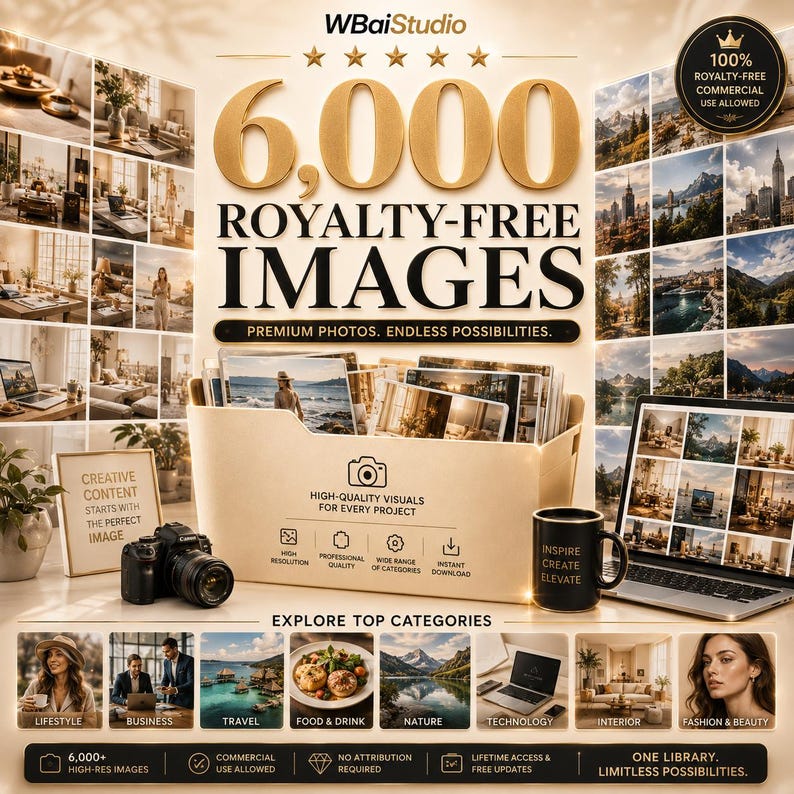 May include: A promotional graphic for a collection of 6,000 royalty-free images. The design features a central beige storage bin filled with photographs, a black camera, a black mug, and a laptop displaying a grid of various landscape and lifestyle photos.