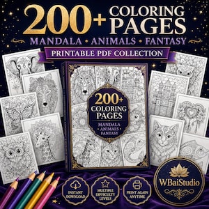 May include: A digital collection of 200+ coloring pages featuring mandalas, animals, and fantasy designs. The set includes printable PDF files with intricate black and white illustrations of owls, wolves, giraffes, and castles, plus colored pencils.