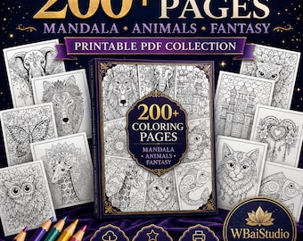 Zestaw ponad 200 kolorowanek z mandalami, kolorowanka dla dorosłych do druku, wzory z fantastycznymi zwierzętami, strony relaksacyjne, natychmiastowe pobieranie plików PDF